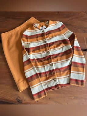 Vintage James Kenrob Small knit sweater skirt set wool blend 60s cardigan stripe